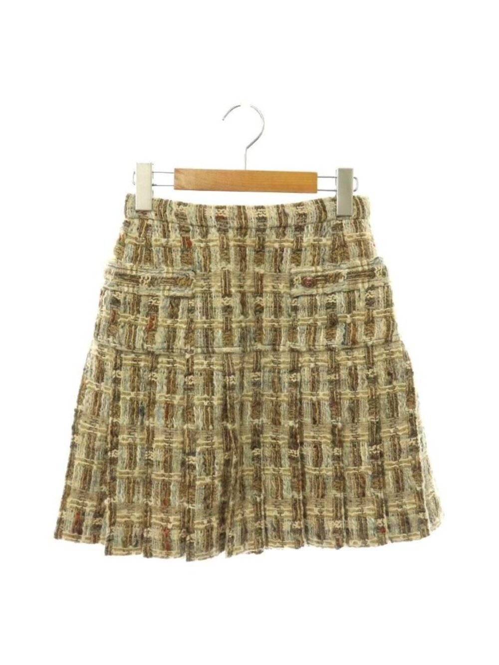 Chanel Tweed Pleated Skirt Mini Wool Beige 34